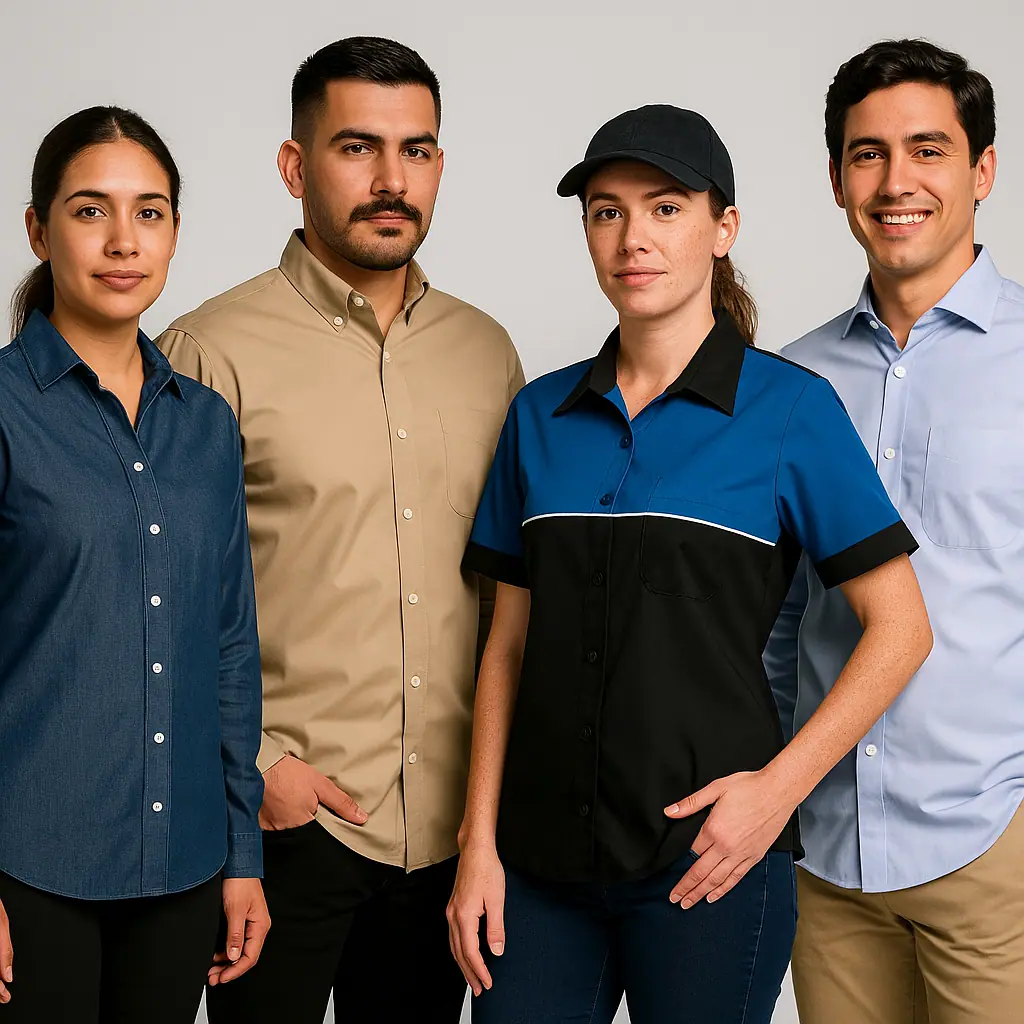 Equipo de cuatro colaboradores con uniformes Airman: camisas en azul marino, beige, azul cielo y camisa combinada