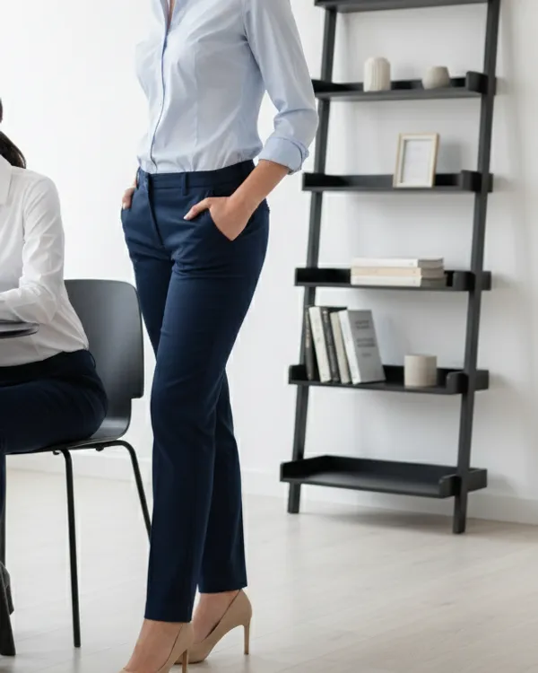 Pantalón de vestir azul marino en oficina