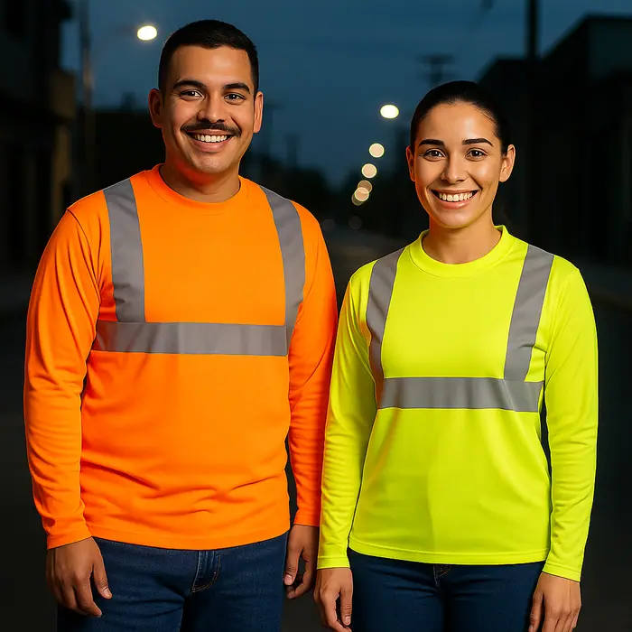 Playeras de manga larga de alta visibilidad naranja y amarillo neón