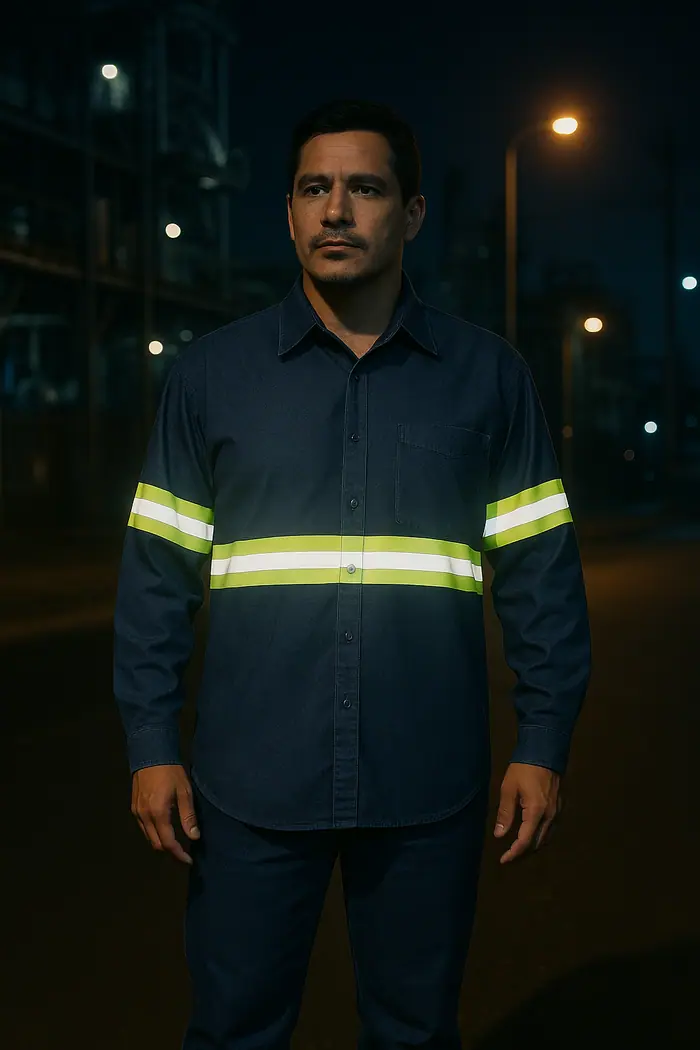 Trabajador de noche con camisa de mezclilla con cinta reflejante